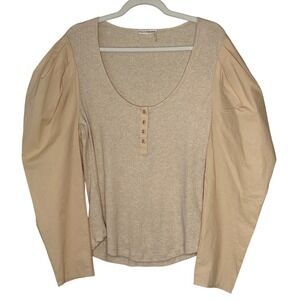 ULLA JOHNSON Joanne Beige Poplin Sleeve Rib Knit Top in Oatmeal Size XL